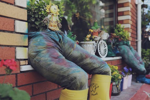 colorful upcycled planters in urban garden